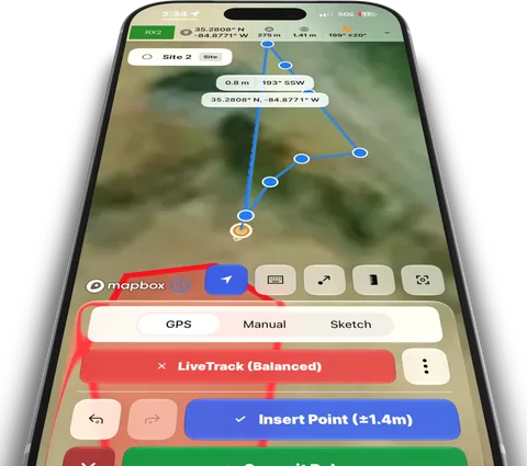 A phone drawing a line from GPS as the user walks, with LiveTrack on.