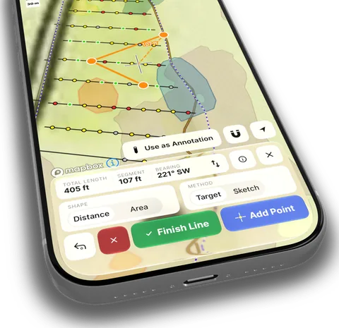 A phone measuring distance and bearing between points on the map.